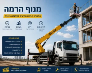 מנוף הרמה על גבי משאית המבצע עבודות בגובה באתר בנייה לצד מבנה רב קומות.
